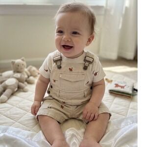 VTG Gymboree Baby Boy 2pc Set Khaki Tiger Embroidered Cargo Overalls Shirt 6-12M